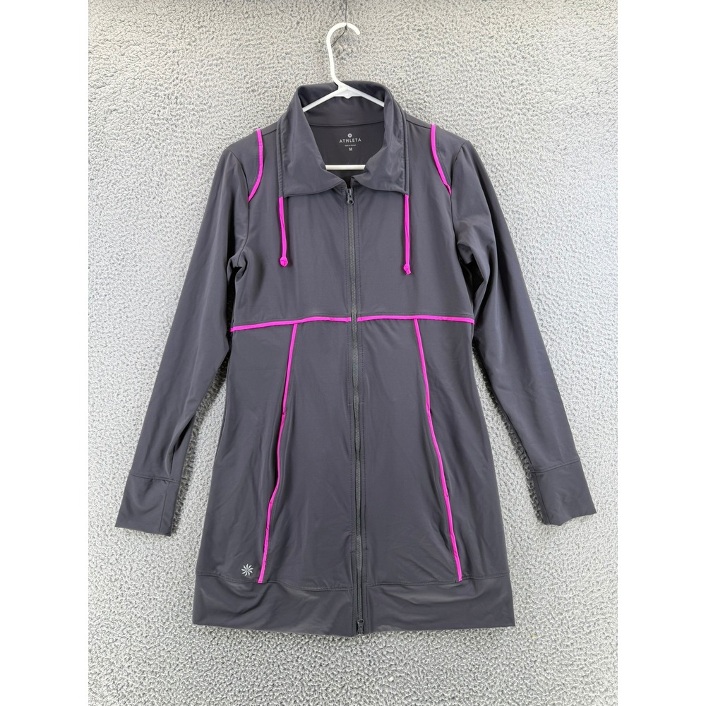 Athleta Womens Gray Pink Piping Full Zip Tunic Jacket Athleisure Size M 426626